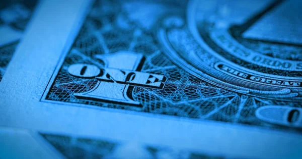 蓝光和柔和焦点的一元纸钞 宏观拍摄的部分1美元的钞票 面额为一美元的钞票的一角 美国对第五任总统乔治的货币 — 图库照片