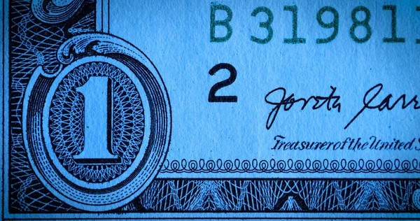 印有第一任总统乔治 华盛顿签名的1美元钞票的正面 以及钞票号码 面值为1美元的美国纸币 宏观拍摄的 — 图库照片