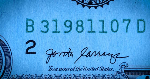 印有美国财政大臣签名和钞票号码的1美元钞票的正面 面值为1美元的美国纸币 美元的宏观调控 — 图库照片