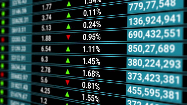 Digital screen of Stock Market with updating stats, number of sales, percentage, growth, decline. Abstract financial background, economic report, forecast. Investments, banking, commerce