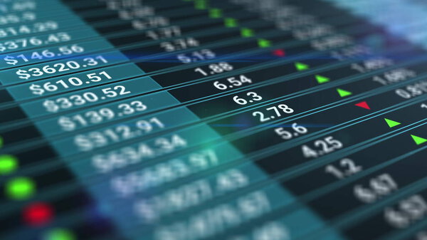 Stock market or stock exchange information with data of price, change, and volume. Financial indexes of stock companies change up and down over time market wall. Currency rate chart with blue backdrop