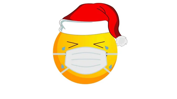 Sírt Nevetéstől Sárga Emoji Télapó Claus Karácsonyi Kalap Orvosi Maszk — Stock Fotó