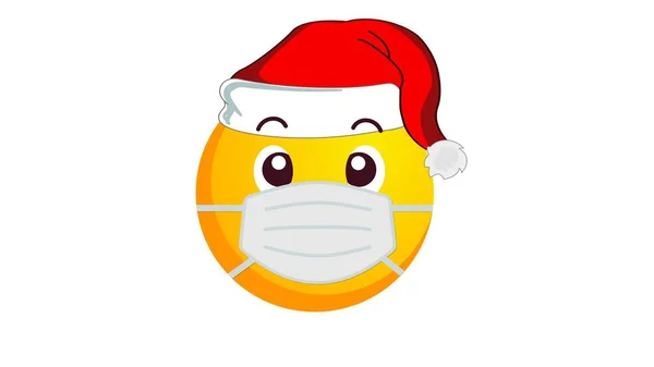 サンタクラスのクリスマスの帽子と白い背景の医療用マスクでショックを受けた黄色の絵文字ボール 否定的な感情の概念 冬の休日の感情 ソーシャルメディア反応アイコン — ストック写真