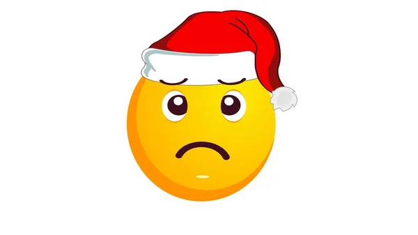 Нещасливі Жовті Емодзі Різдвяному Капелюсі Санта Клауса Ізольовані Білому Тлі — стокове фото