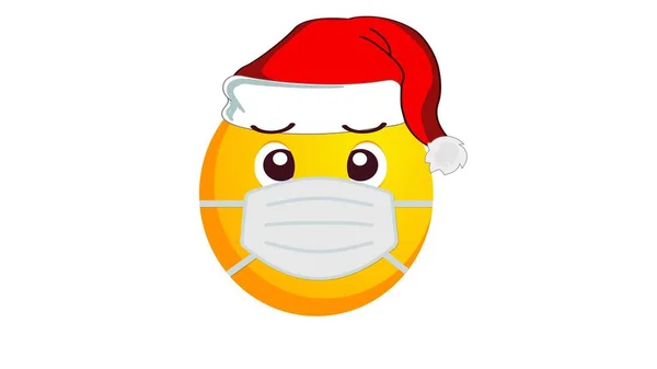 サンタクラスのクリスマスの帽子と白い背景の医療用マスクで不幸な黄色の絵文字 否定的な感情の概念 Covid19流行中の冬の休日の感情 ソーシャルメディア反応アイコン — ストック写真