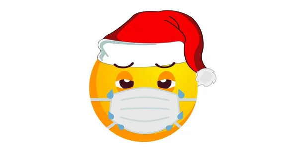 サンタクラスのクリスマスの帽子と白い背景の医療用マスクで泣いて 不幸な黄色の絵文字 否定的な感情の概念 Covid19流行中の冬の休日の感情 ソーシャルメディア反応アイコン — ストック写真