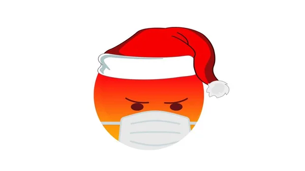 サンタクラスのクリスマスの帽子と白い背景の医療用マスクで怒っている 腫れ赤の絵文字 否定的な感情の概念 Covid19流行中の冬の休日の感情 ソーシャルメディア反応アイコン — ストック写真