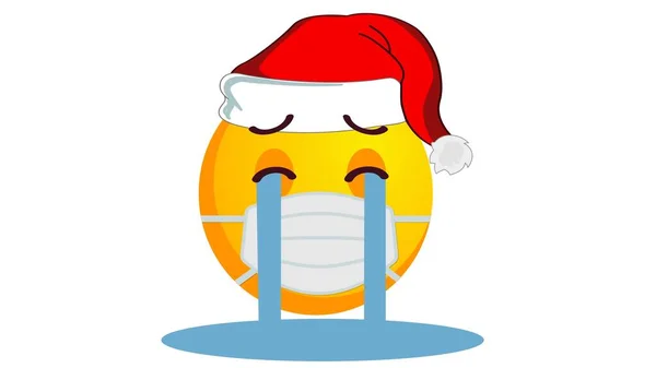 サンタクラスのクリスマスの帽子と白い背景の医療用マスクで泣いて 不幸な黄色の絵文字 否定的な感情の概念 Covid19流行中の冬の休日の感情 ソーシャルメディア反応アイコン — ストック写真