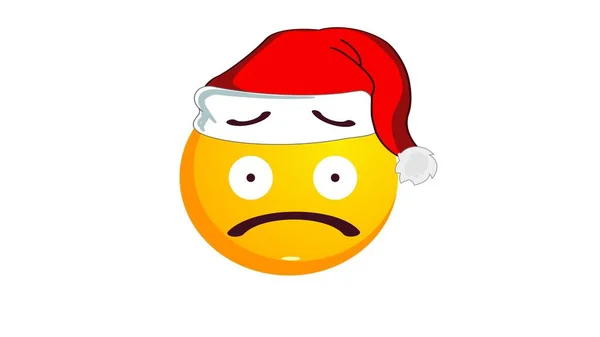 Расстроенный Смущенный Желтый Смайлик Рождественской Шляпе Санта Клауса Выделенный Белом — стоковое фото