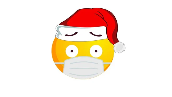 白を背景にサンタクラスのクリスマスの帽子や医療用マスクで動揺し 混乱黄色の絵文字 否定的な感情の概念 Covid19流行中の冬の休日の感情 ソーシャルメディア反応アイコン — ストック写真
