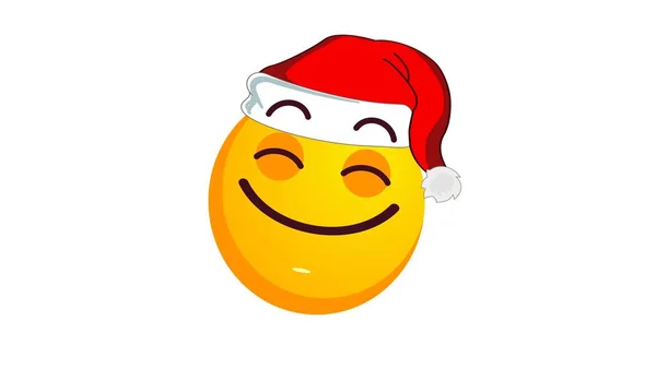 Радующийся Улыбающийся Желтый Смайлик Рождественской Шляпе Санта Клауса Выделенный Белом — стоковое фото