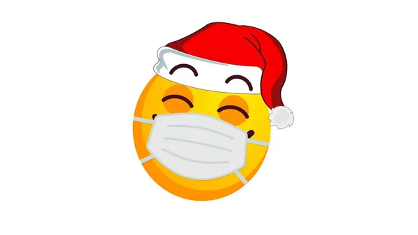 Örvendezve Mosolyogva Sárga Emoji Télapó Claus Karácsonyi Kalap Orvosi Maszk — Stock Fotó