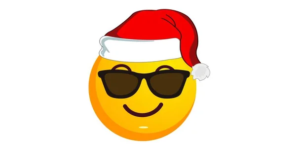 Радісний Усміхнений Жовтий Емодзі Різдвяному Капелюсі Санта Клауса Чорні Сонцезахисні — стокове фото
