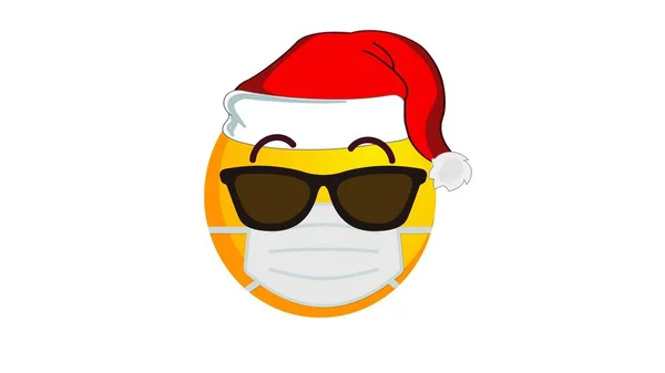 Verheugend Lachend Gele Emoji Kerstman Hoed Zwarte Zonnebril Medisch Masker — Stockfoto