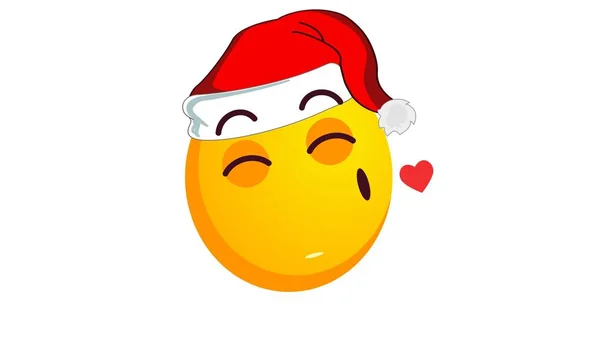 Sárga Emoji Labda Fúj Csók Télapó Claus Karácsonyi Kalap Fehér — Stock Fotó