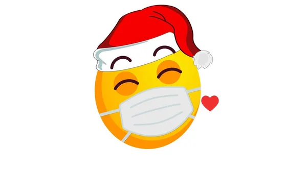 Balle Emoji Jaune Soufflant Baiser Chapeau Santa Claus Masque Médical — Photo