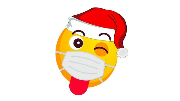 Жовтий Емодзі Показує Язик Підморгує Капелюсі Санта Клауса Медичній Масці — стокове фото
