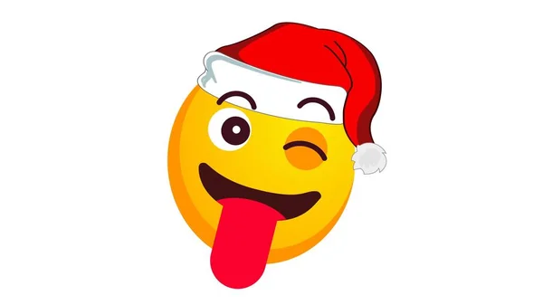 Желтый Смайлик Показывающий Язык Подмигивающий Рождественской Шляпе Санта Клауса Белом — стоковое фото