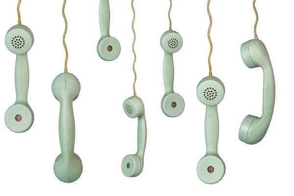 Muitos Aparelhos Telefônicos Antigos Telefones Fixos Rotativos Pendurados Cabos Fundo — Fotografia de Stock