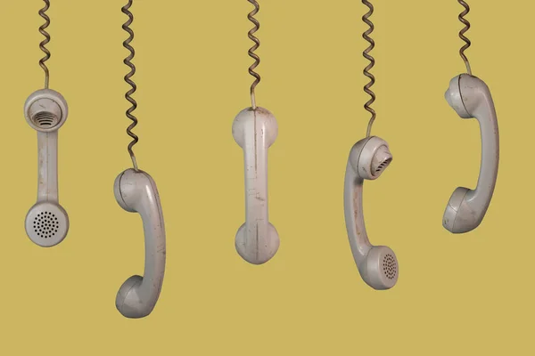 Många Gamla Telefonlurar Från Roterande Fasta Telefoner Hängande Från Sladdar — Stockfoto