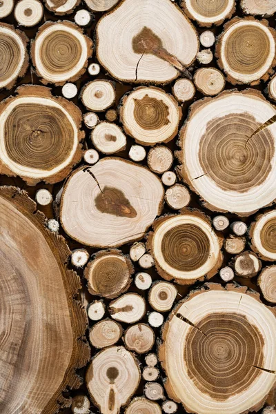 Background of cross section of round cut logs of various sizes. Wall of cut brown logs with bark, cracks and texture of tree rings. Cut tree trunk. Firewood, stumps, lumber. Wooden background pattern
