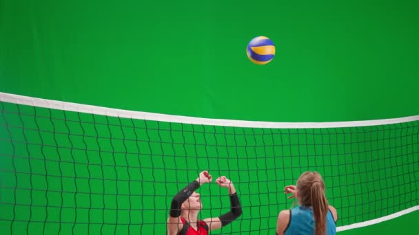 งสาวสองคนในช ฟอร าและส แดงเล นวอลเลย บอลบนหน าจอส นวอลเลย บอลต กบอลก — วีดีโอสต็อก