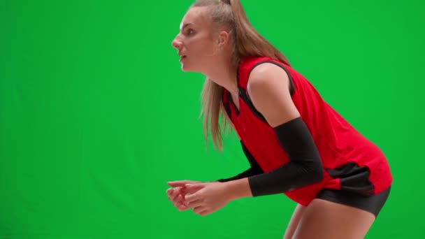 Side View Young Female Volleyball Player Hitting Ball Green Screen — Stock Video
