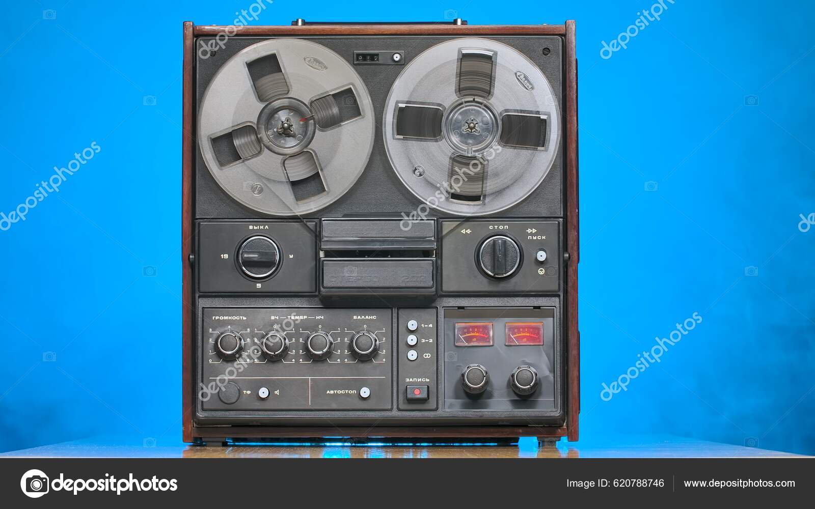 Reel Reel Tape Recorder Blue Studio Background Stops Playing Tape