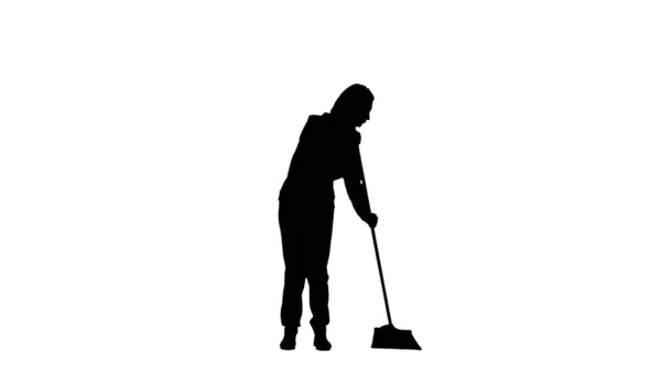 Schwarze Silhouette Einer Hausfrau Die Mit Einem Besen Auf Weißem — Stockfoto