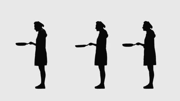 身穿制服 头戴厨师帽 拿着煎锅的黑人女性形象 在白色背景上 2比1的科拉奇侧视图全长 烹调职业的概念 — 图库照片