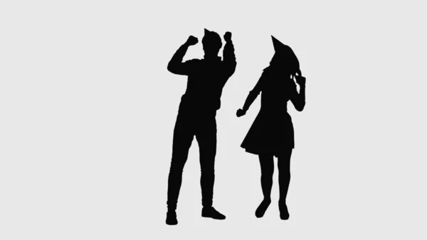穿着节日帽的男人和女人的黑色轮廓 在派对上跳舞很开心 2分之一的学院前视图全长的白色背景 舞蹈和娱乐的概念 — 图库照片