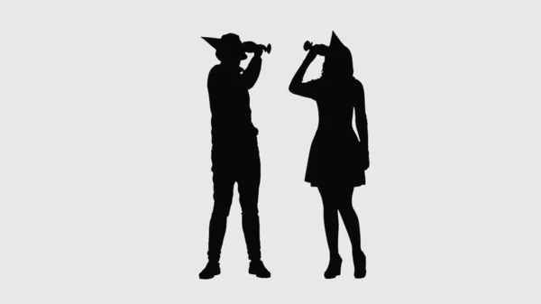 Schwarze Silhouette Von Frau Und Mann Festlichen Mützen Die Auf — Stockfoto