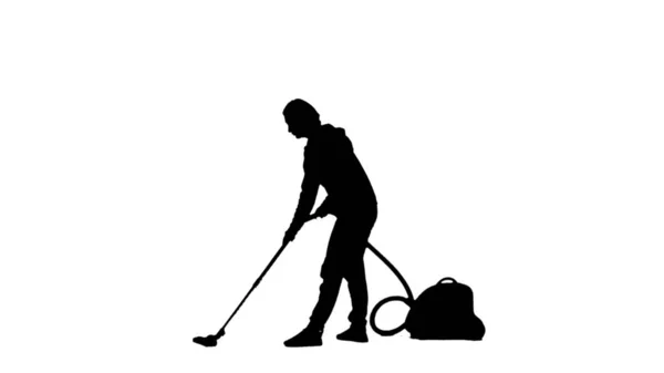 Schwarze Silhouette Der Hausfrau Saugt Den Boden Auf Weißem Hintergrund — Stockfoto