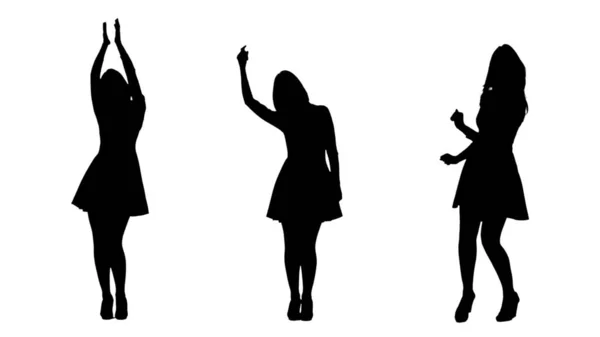 Černá Silueta Ženy Šatech Vesele Tančící Slavnostní Párty Collage Přední — Stock fotografie