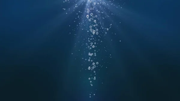 太陽光の下で上昇する酸素泡の3Dレンダリング 気泡やフラッシュライトと海の水中青い水の背景 深さに気泡のある青色の液体 — ストック写真