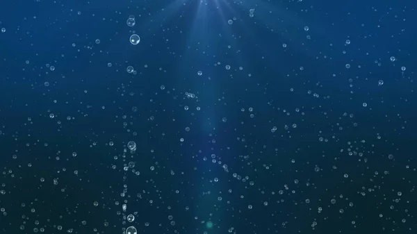 太陽光の下で上昇する酸素泡の3Dレンダリング 気泡やフラッシュライトと海の水中青い水の背景 深さに気泡のある青色の液体 — ストック写真