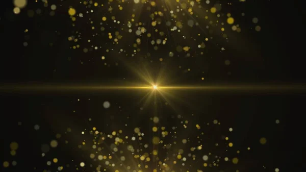 Two waves of gold dust. Background of sparkling golden dust bokeh with beam of light in the center on black background. Shiny golden stars, glow glitter particles, confetti. Festive background for
