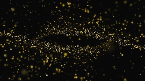 Glitters of gold color, glittering bokeh on a black background. Golden dust floating in the air. Sparkling glitter, shimmer. Glamor luxury background for holiday, birthday, christmas party