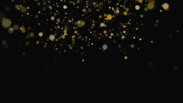 Glitters of gold color, glittering bokeh on a black background. Golden dust floating in the air. Sparkling glitter, shimmer. Glamor luxury background for holiday, birthday, christmas party