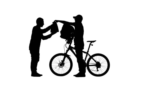 Черный Силуэт Велосипедиста Передающего Пакет Фаст Фуда Клиенту Белом Фоне — стоковое фото