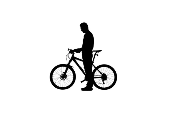 Oldalnézet Fekete Sziluett Kerékpáros Elszigetelt Fehér Háttér Férfi Kerékpáros Áll — Stock Fotó
