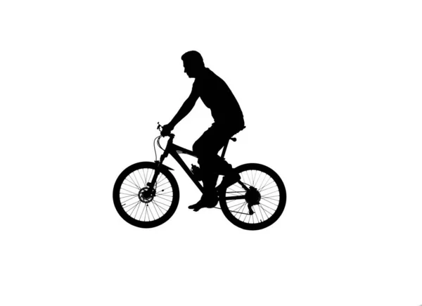 白い背景に隔離されたサイクリストの黒いシルエットのサイドビュー 男性自転車のペダリングやスポーツバイクに乗る トレーニング アクティブな休息 アクティブスポーティな人のコンセプトイメージ — ストック写真
