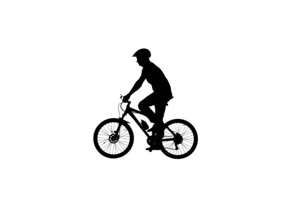 Vista Lateral Silhueta Preta Ciclista Capacete Bicicleta Isolado Fundo Branco — Fotografia de Stock