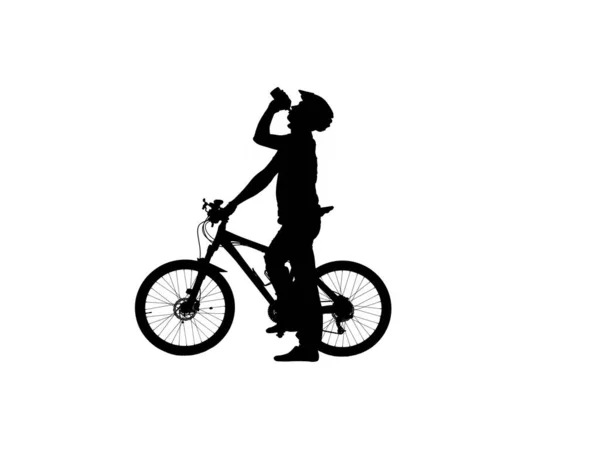 Sidovy Svart Siluett Cyklist Dricksvatten Från Flaska Vit Bakgrund Man — Stockfoto