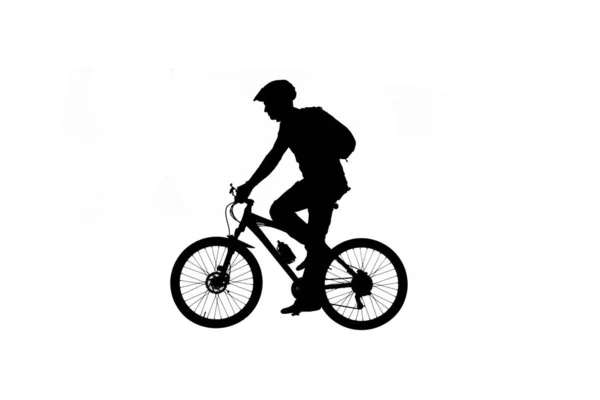 Vista Lateral Silhueta Preta Ciclista Capacete Bicicleta Com Mochila Fundo — Fotografia de Stock
