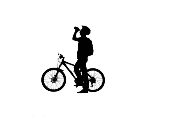 Vista Lateral Silhueta Preta Ciclista Beber Água Garrafa Fundo Branco — Fotografia de Stock
