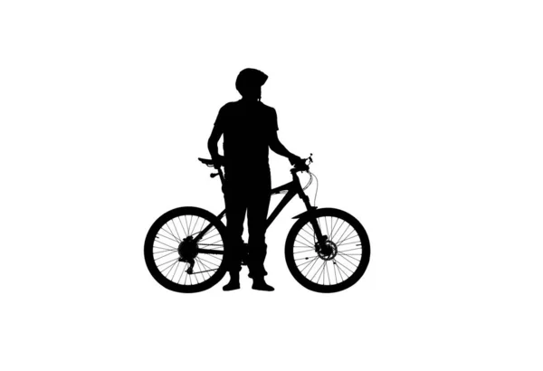 Černá Silueta Cyklisty Cyklistické Helmě Izolované Bílém Pozadí Muž Cyklista — Stock fotografie