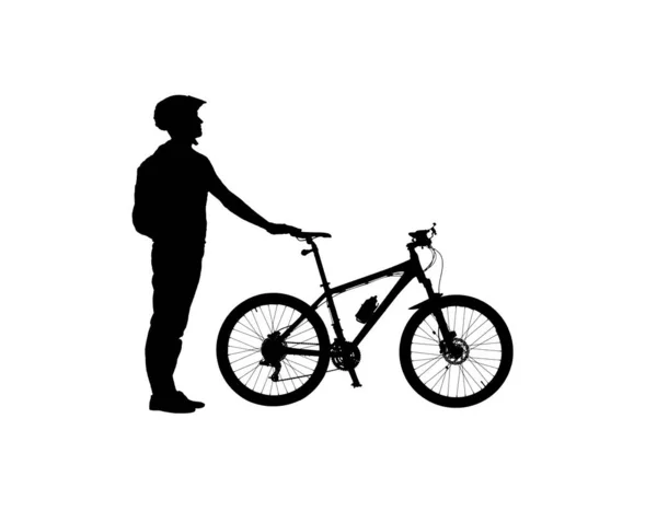 Vista Lateral Silhueta Preta Ciclista Capacete Bicicleta Com Mochila Fundo — Fotografia de Stock