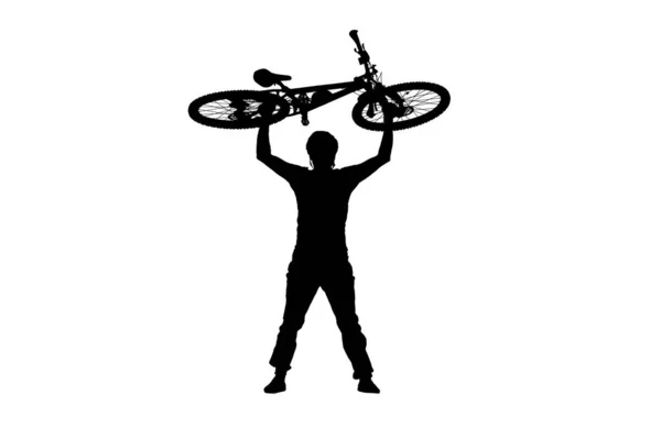 Černá Silueta Cyklisty Cyklistické Helmě Drží Kolo Nad Hlavou Bílém — Stock fotografie