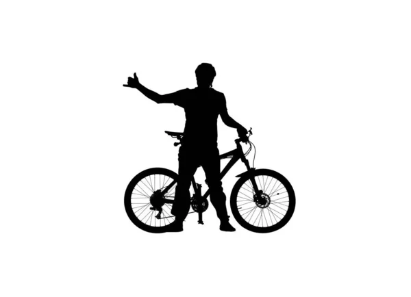 Black Silhouette Cyclist Showing Rock Gesture Enjoying Life White Background — Stock Photo, Image